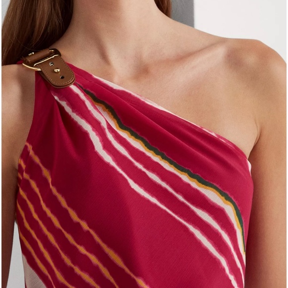 Ralph Lauren Striped One-Shoulder Crinkle Georgette Dress (NWT) - Picture 3 of 6